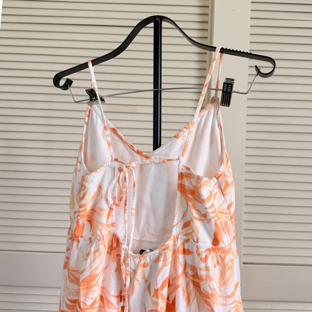 Abercrombie & Fitch Orange Tropical Leaf Tiered Maxi Dress Large Tie Back Cutout